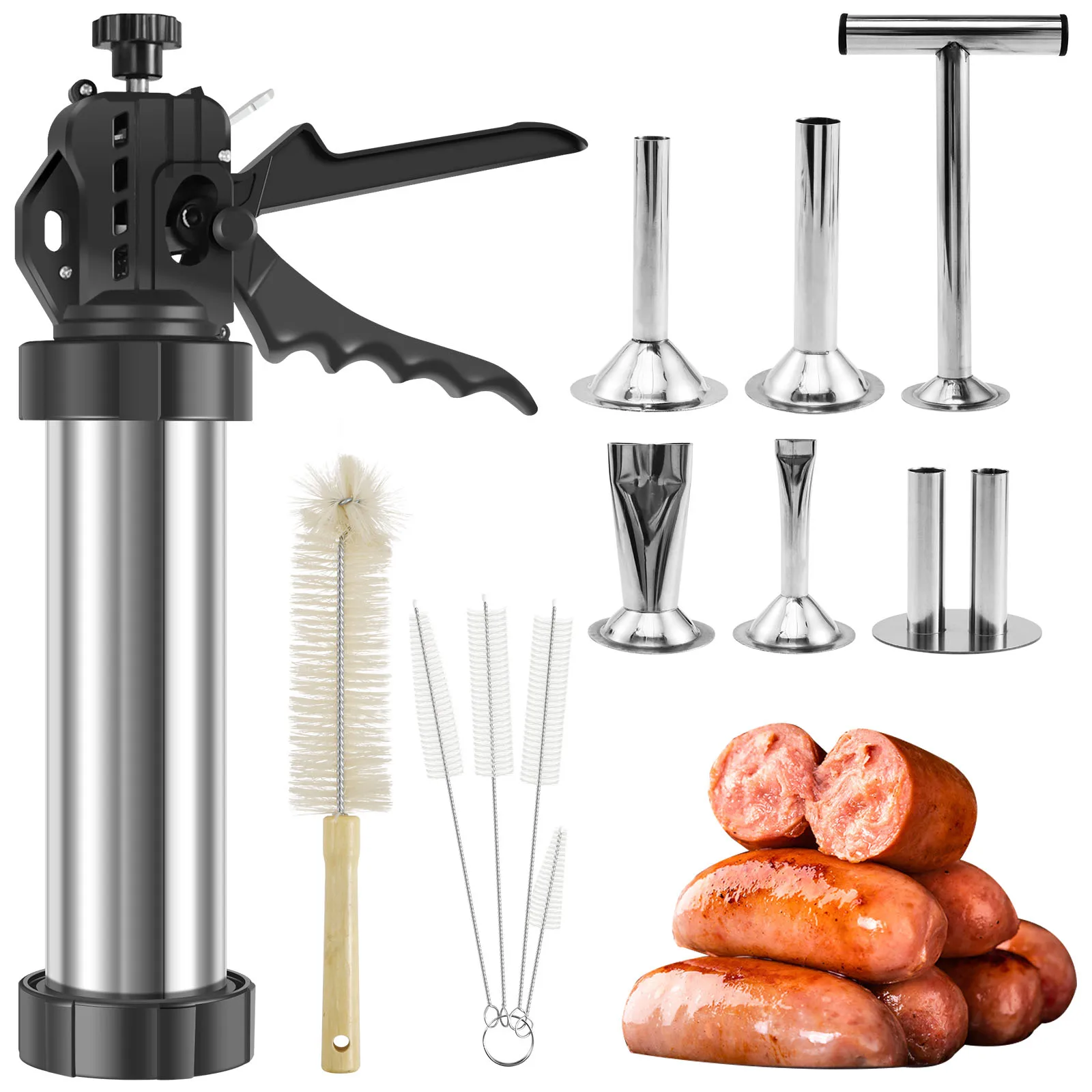 Sausage Stuffer Maker Machine Stainless Steel Sausage Jerky Maker with 5 Nozzles Brushes Meat Pusher Kitchen Cooking Tools
