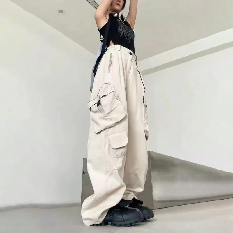 

Women's Y2k Clothes Beige Streetwear Loose Cargo Pants Female Vintage Straight Wide Leg Baggy Spring Autumn High Waist Trousers