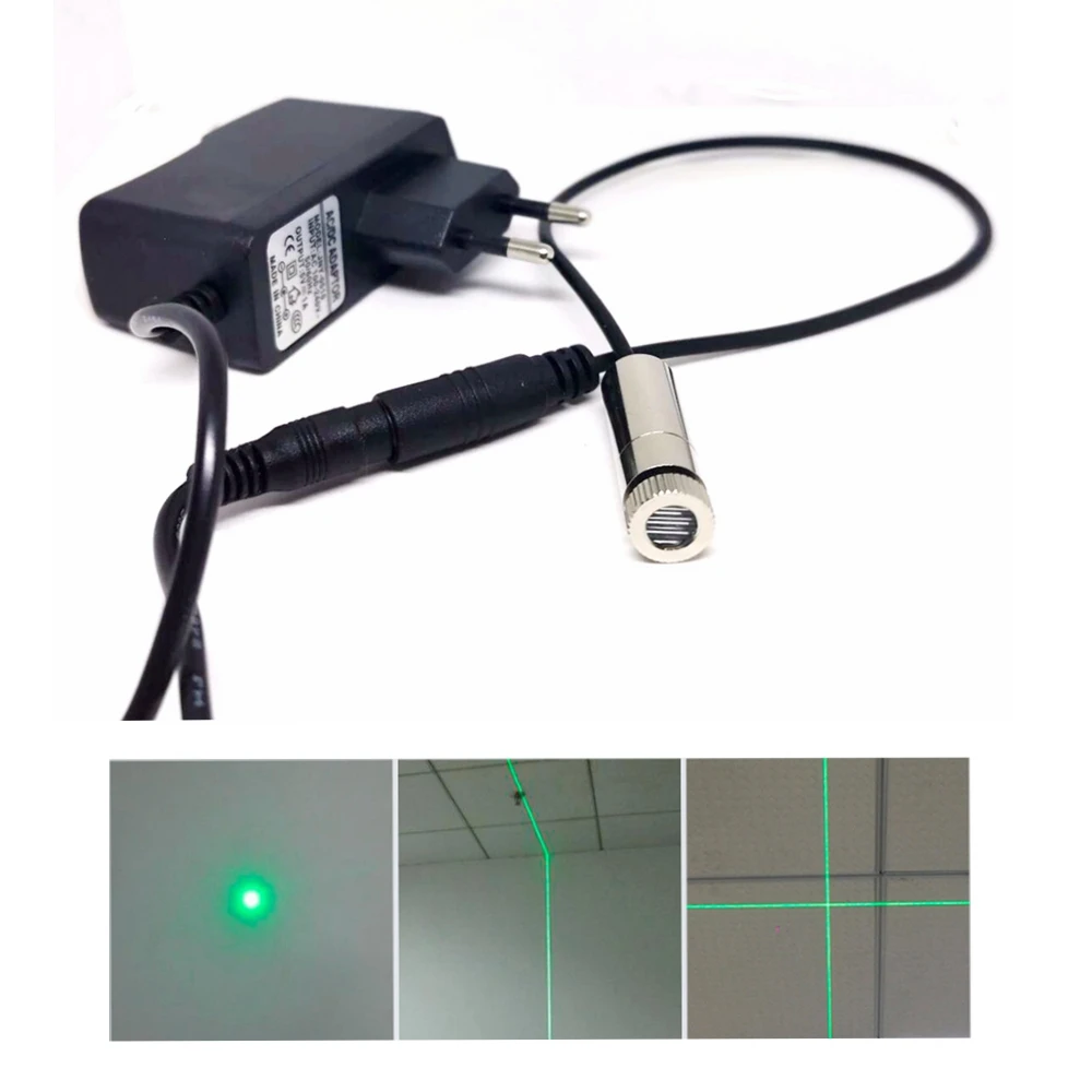 12*35mm Focusable 515nm 520nm 10mW Laser Module Cross/Line/Dot Green Beam With 5V AC Power Adapter focusable 515nm 10mw green laser diode locator module dot line cross head w 12v adapter