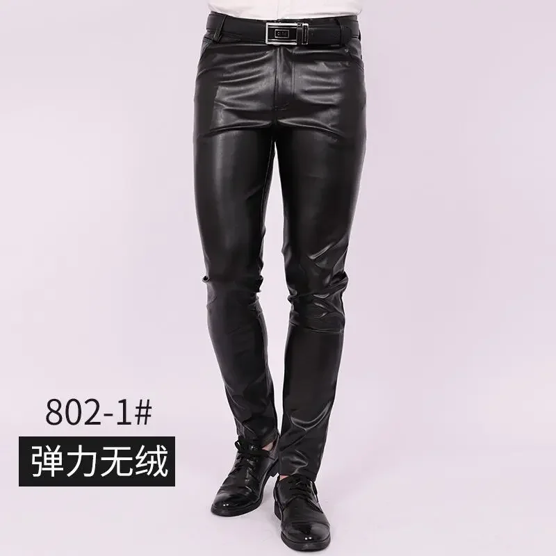 Men's Slim Fit Skinny Pants Tight Stretch Leather Pants Teen Trend Motorcycle PU Leather