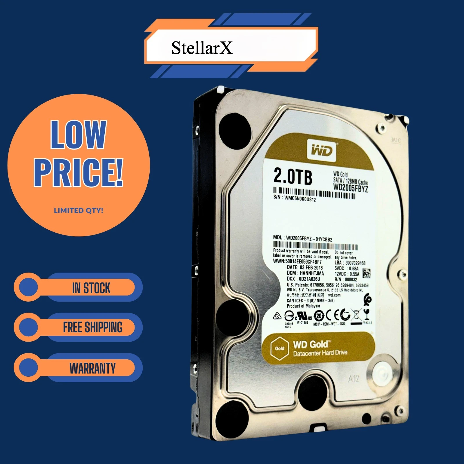 WD Gold 2TB 7200RPM 3.5" SATA HDD WD2005FBYZ 128MB Cache Refurbished 90-Day WTY
