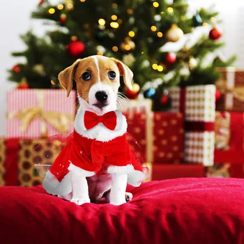 1Set Pet Christmas Clothes Dog Santa Claus Costume Dress Puppy Holiday Party Outfit Bow Size S Warm Soft Winter Apparel