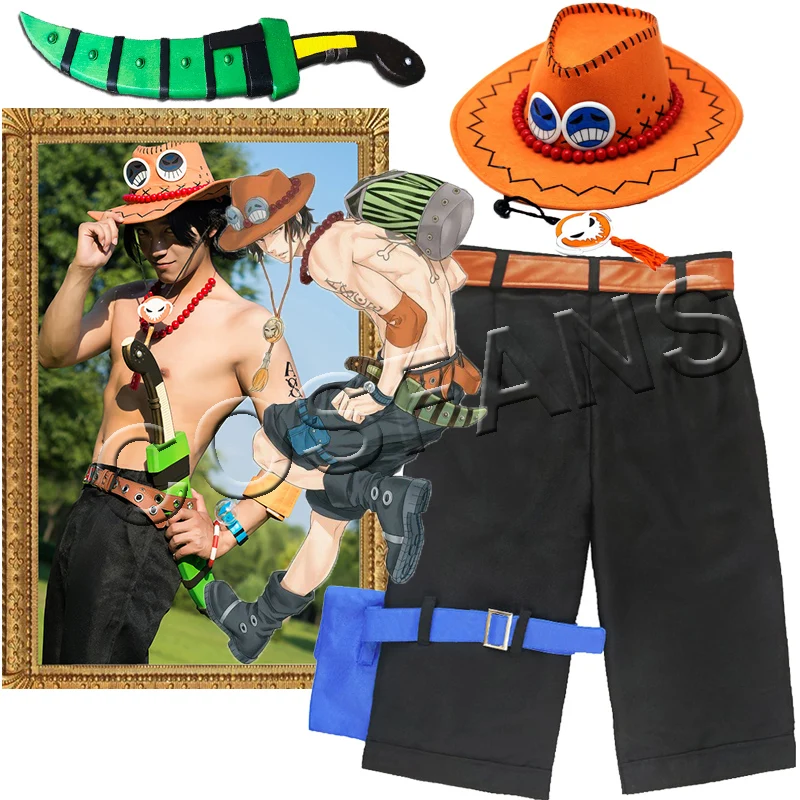 

Anime Portgas D Ace Cosplay Costumes Black Shorts Luffy's Brother Ace One Piece Costume Pants Hollaween Cosplay full set props