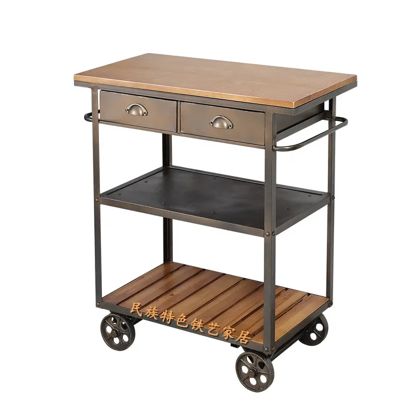 American retro solid wood wrought iron movable with wheels, side cabinet, dining cart, restaurant dining table, kitchen cooking