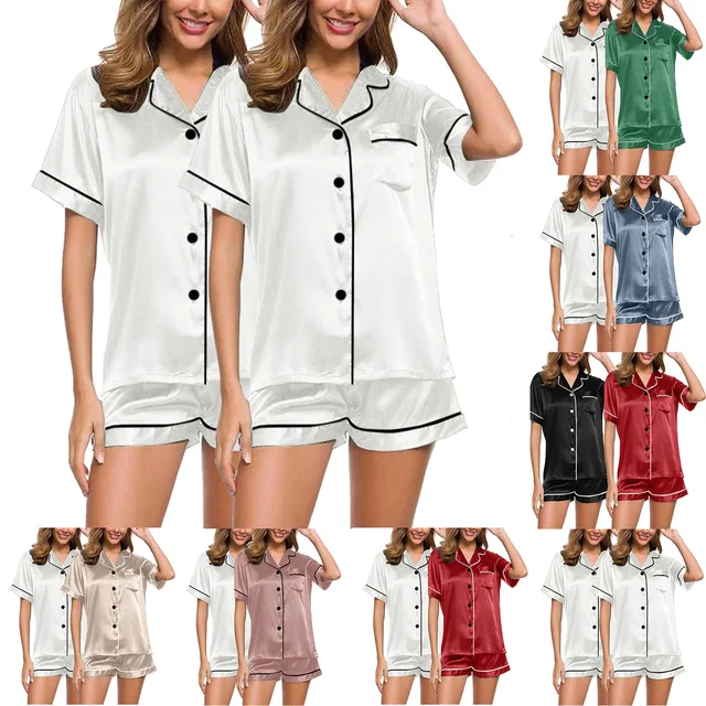 Womens Silk Satin Pajamas Set Short Sleeve Two-Piece Pj Sets Sleepwear Loungewear Button-Down Plus Size 2024 Hot Selling Wear 5