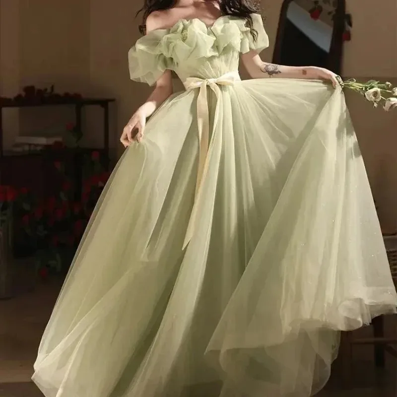 Nouveau rose épaules dénudées longue sueur dame fille femmes princesse demoiselle d'honneur banquet fête bal performance robe robe