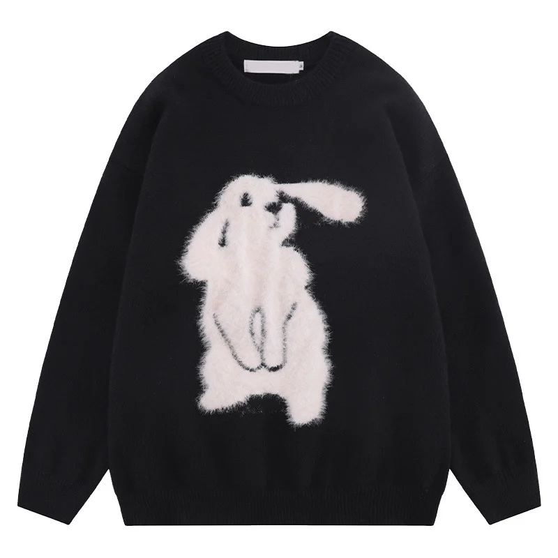 

Japanese Cartoon Plush White Rabbit Round Neck Sweater Men's Street Fashion Jumper Lovers Harajuku Casual Comfortable Knitwear