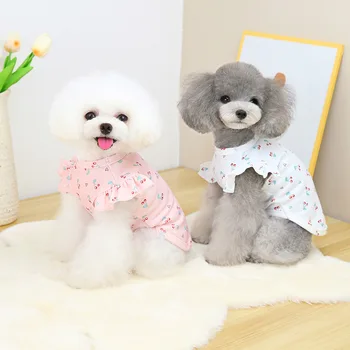 개 레이스 티셔츠, 중소형 개 슈나우저 플로럴 탑, 만화 체리 애완 동물 조끼, 여름 애완 동물 의류, 신제품
