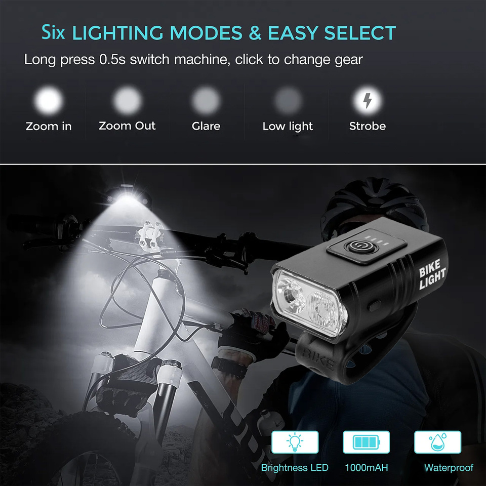 1PC Waterproof Bike Light Combo - 6 Lighting Modes USB Rechargeable, Aluminum Alloy Frame, Front & Tail Lights for Cycling