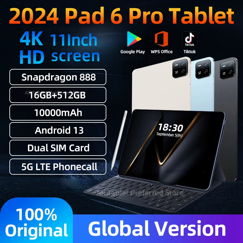 

2024 Оригинальный планшет Pad 6 Pro, Snapdragon 888, глобальная версия, Android 13, 10000 мАч, ОЗУ 16 ГБ, ПЗУ 1 ТБ, искусственный экран HD 4K, Wi-Fi, Mi