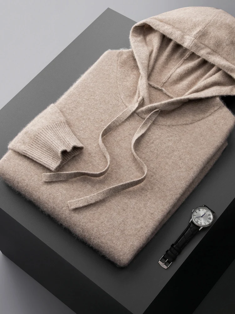 Autumn winter 100% cashmere Knitwear long sleeve hooded pullover men's sweater casual plus size warm shirt korean Men's clothing