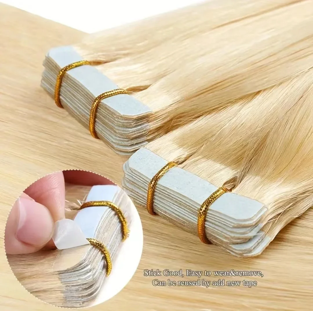 Full Shine Tape in Extensions White Blonde Platinum Blonde Hair #60 Straight Human Hair Extensions for Women 20Pieces 50Grams
