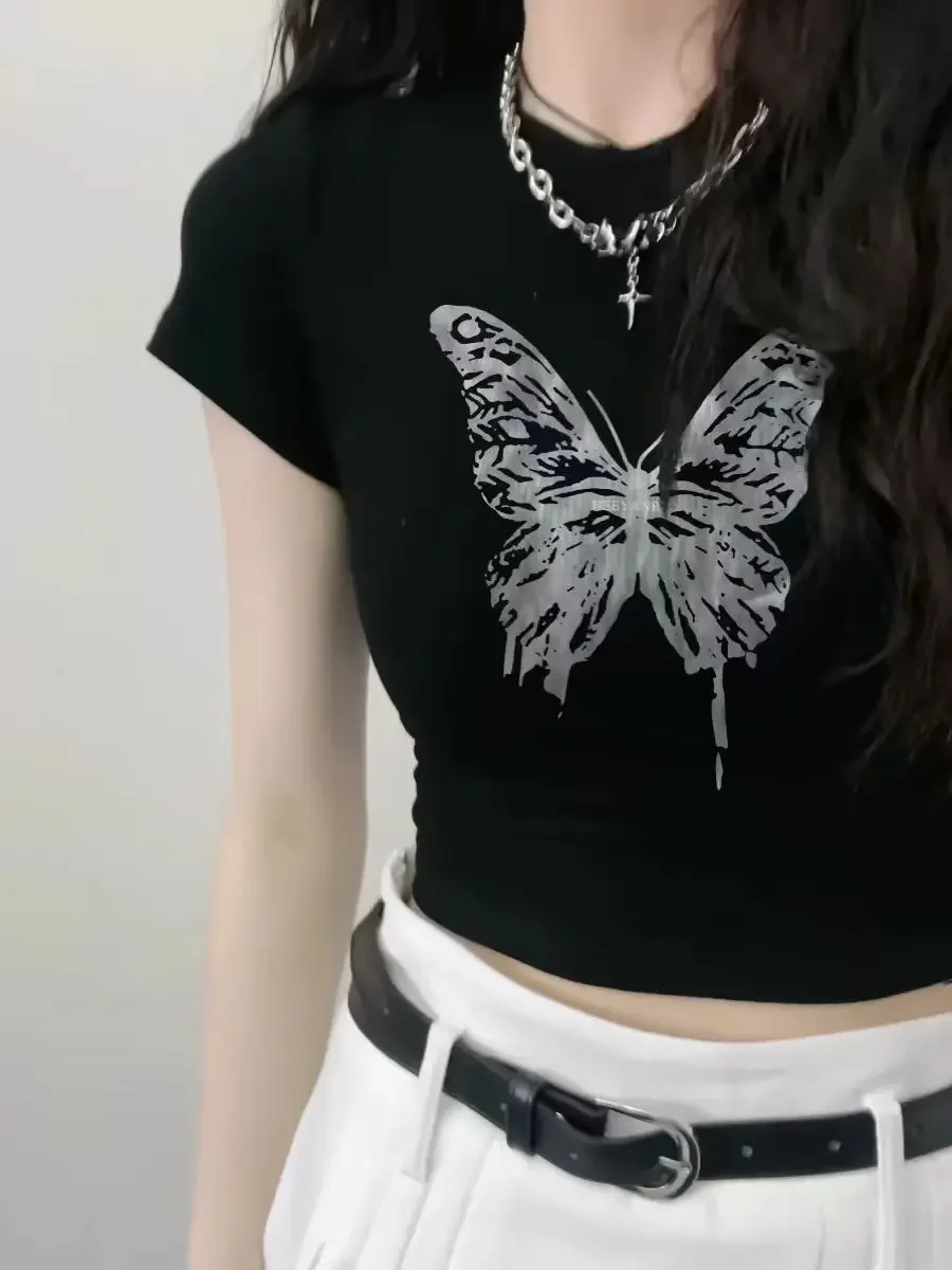 

Маленький рост, футболка с коротким рукавом, женский свободный облегающий топ из чистого хлопка с принтом бабочки для студентов, лето 2024