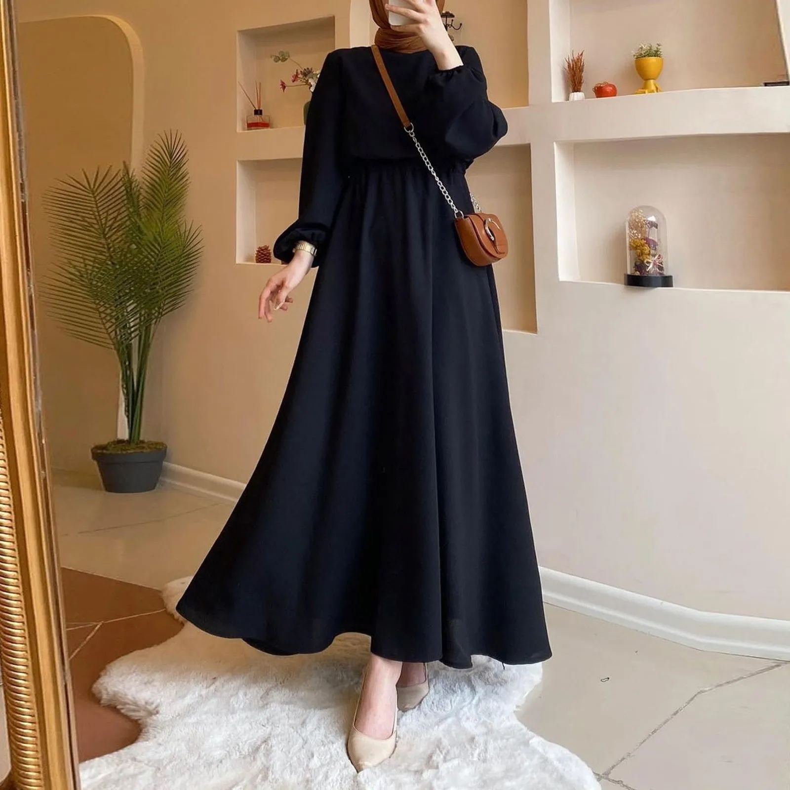 

Модная свободная мусульманская абайя Рамадан ИД с пышными рукавами Мягкая Халат абайя Элегантная Шелковая мусульманская Арабская одежда для поклонения