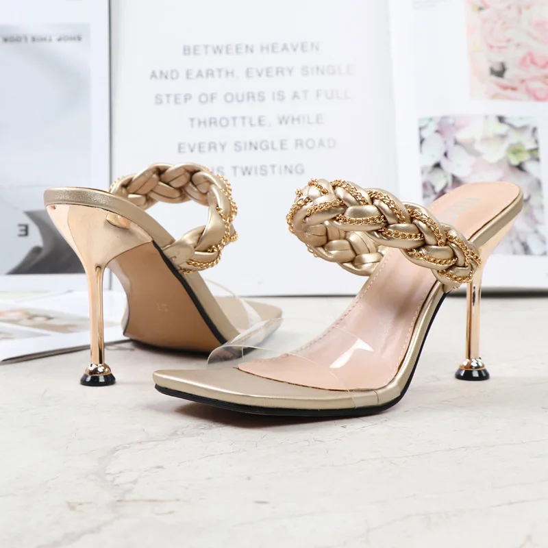 Fashion Women's Sandals 2022 Summer New PU Woven Metal Exclusive Chain High Heel Sandals Stiletto Sexy Party Women's Shoes 9.5CM