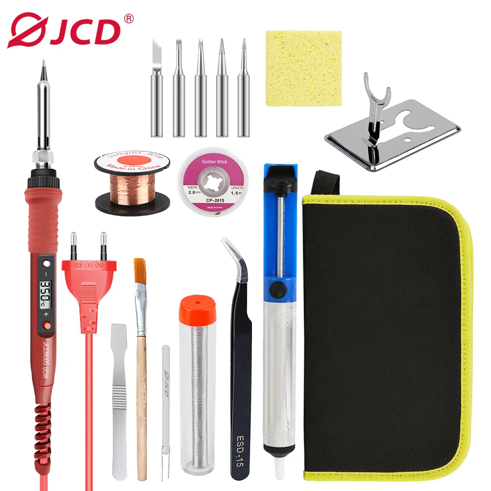 JCD 80W Soldering Iron Kit Adjustable Temperature LCD Solder Welding Tools Ceramic Heater Soldering Tips Tweezers Wire