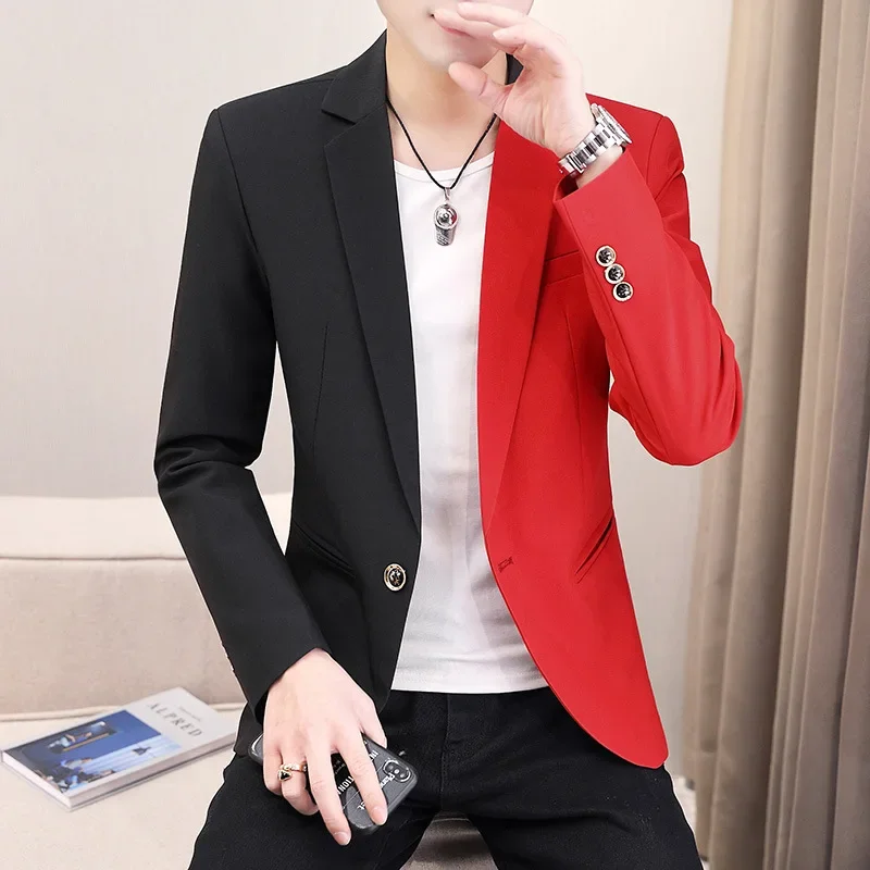 HOO Men's Fashion Colorblock blazer Youth Autumn Casual Dual-Color Patchwork Trendy Handsome