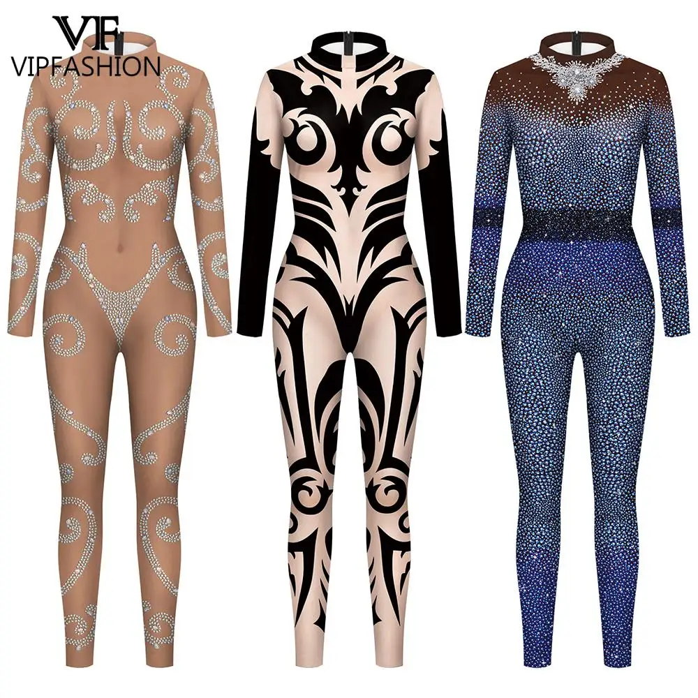 VIP FASHION Skin Color Rhinestone Print Jumpsuit for Women Elegant Zentai Bodysuits Lady Festival Catsuit Cosplay Party Costume cosplay costume adult unitard