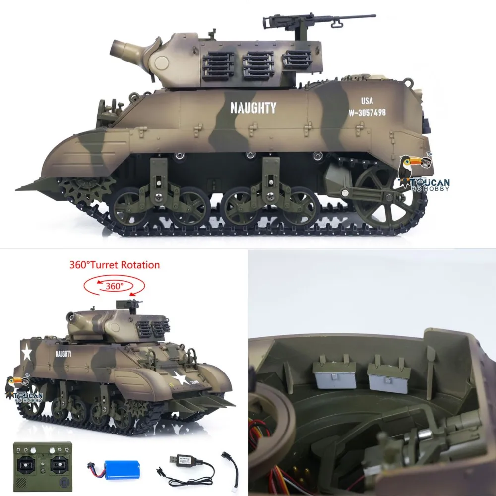 Char RC M8 HMC Scott Howitzer CoolBank en action, fumée sortant du canon et lumières clignotantes.