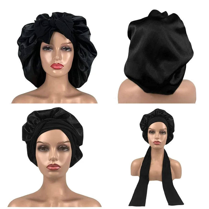 Satin Hat Hair Night Fashion Sauna bonnets Bathroom accessory  Elastic strap type shower cap for women 2