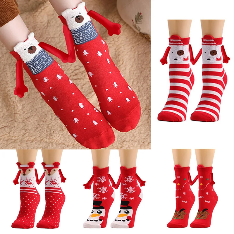 Милые рождественские хлопковые носки, носки средней длины с магнитной присоской, унисекс, для девочек, парные, Харадзюку, 1 пара женские носки осенние красочные милые носки с маленькими сердечками для девочек дышащие средней длины