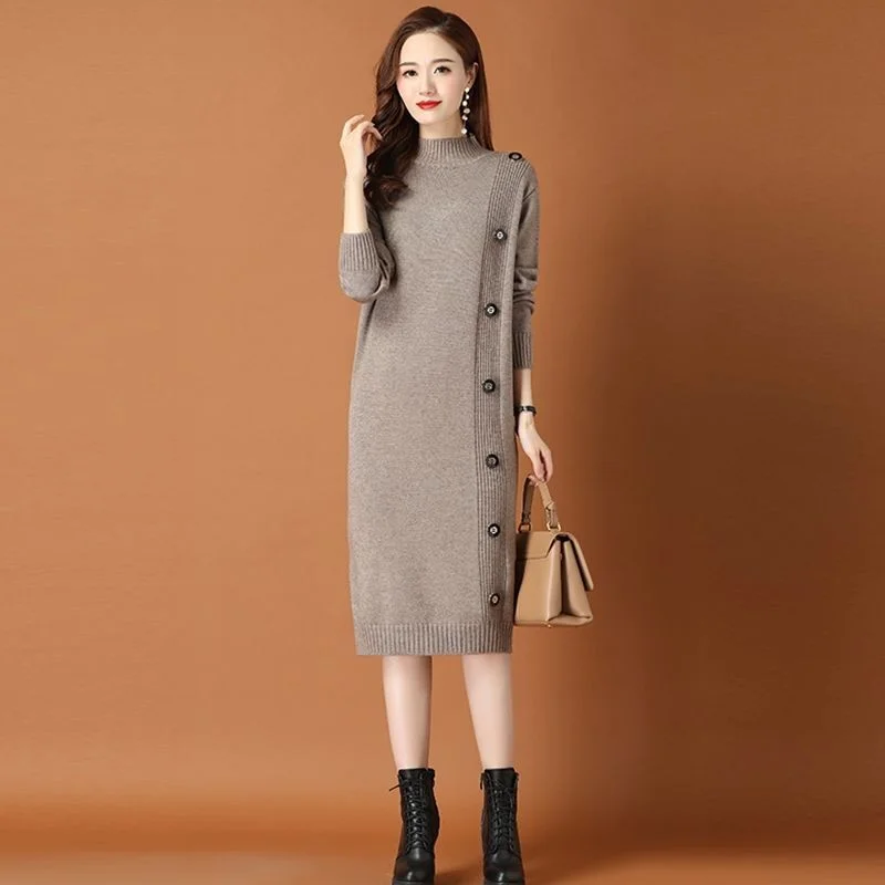 

Medium and long style sweater pullover dress Women 2023 solid long sleeve sweater knitted with a coat dress sweater female tops
