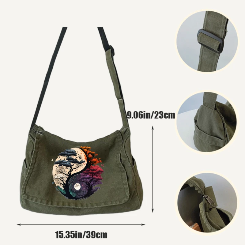 Artistic Women's Crossbody Bag Yin Yang Tree Print Canvas Shoulder Bag Large Capacity Daily Messenger Bag