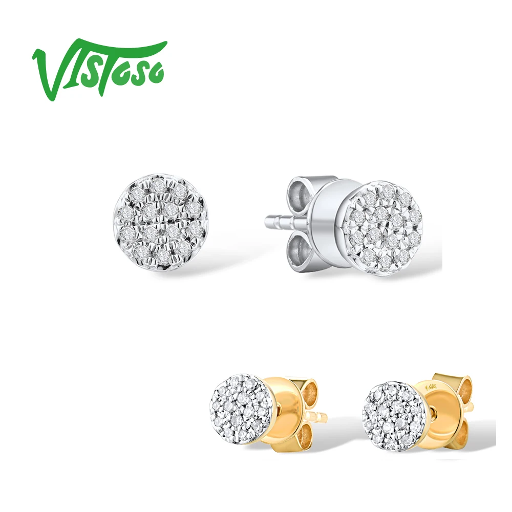 VISTOSO Gold Earrings For Women 14K 585 Yellow/white Gold Sparkling Diamond Dainty Round Cirle Stud Earrings Trendy Fine Jewelry