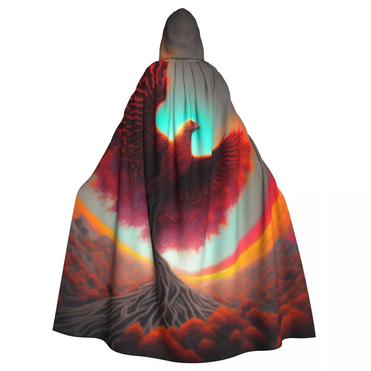 

Unisex Witch Party Reversible Hooded Adult Vampires Cape Cloak Burning Phoenix With Trees