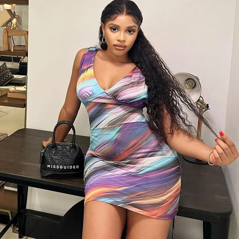 

Spaghetti Strap Sexy Dresses V-neck Print Sleeveless Backless Y2K Abstract Print Dress Mini Street Party Women Vestidos