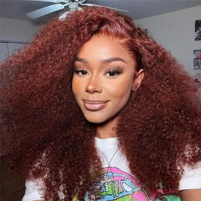 Perruque brésilienne Remy bouclée brun rougeâtre 13x4 HD Lace Front en cheveux humains, pré-épilée, 30 pouces, colorée, pour femmes 1