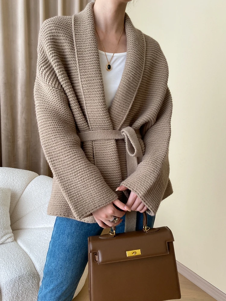 

Korean Fashion V-Neck Knitted Cardigan Sweater Women Fall Winter Thick Loose Lace Up Waist Retraction Oversized Sweaters Coat