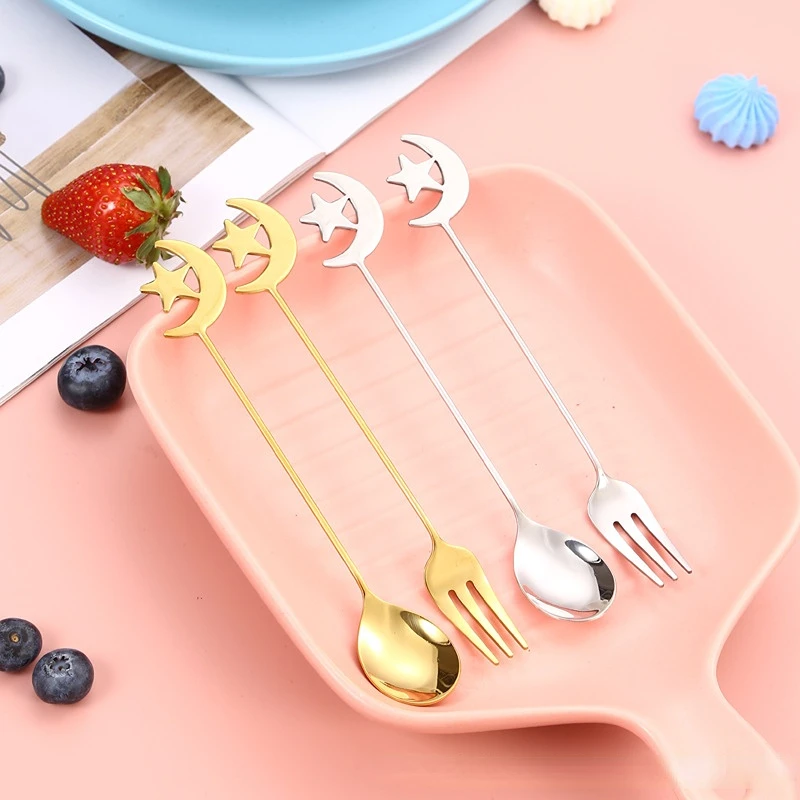 

4pcs Stainless Steel Coffee Spoon Lovely Golden Star Moon Stirring Spoons Tea Fruit Dessert Cake Spoon Fork Cafe Accessorios