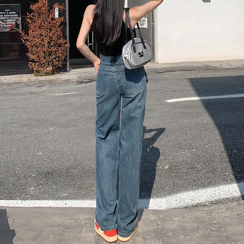 XS-XL Size Women's Full Length Straight Wide Leg Jeans Retro Streetwear Korean Style Fashion Clothes Vintage Blue Trousers Baggy