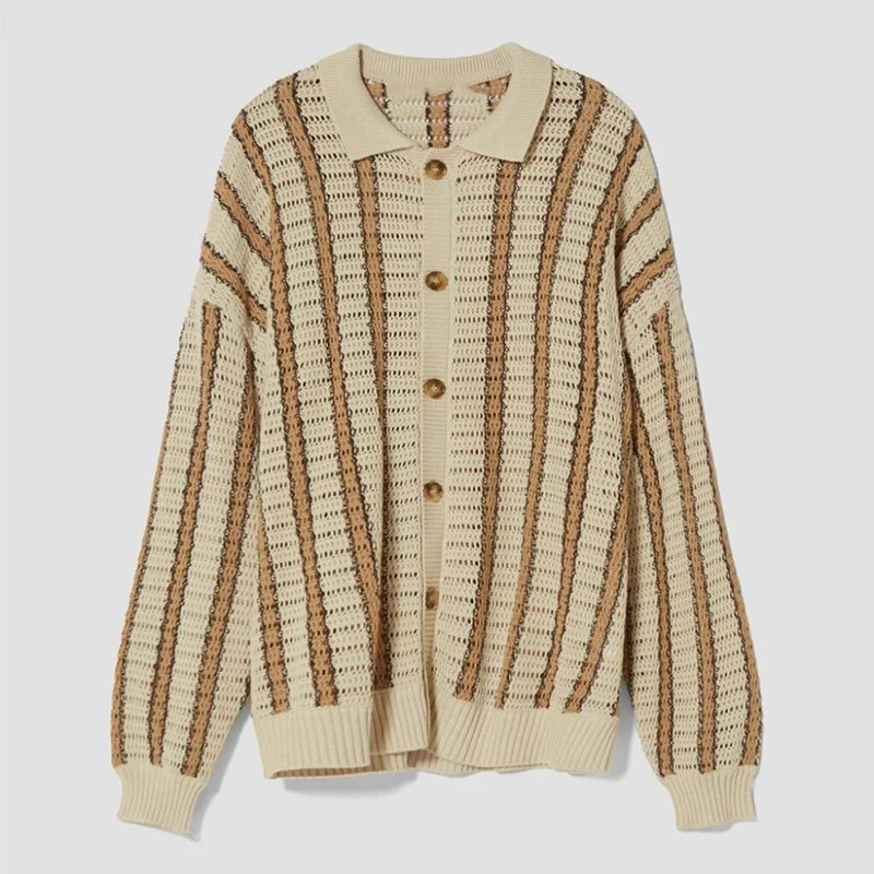 

Vintage Striped Knitting Cardigan Mens Sweater Jacket Spring Long Sleeve Buttoned Lapel Knit Coats For Men Streetwear Sweaters