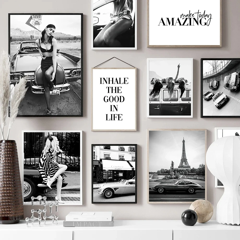 

Classic Race Car Fashion Girl Paris Black White Wall Art Canvas Painting Nordic Posters And Prints Wall Pictures For Living Room