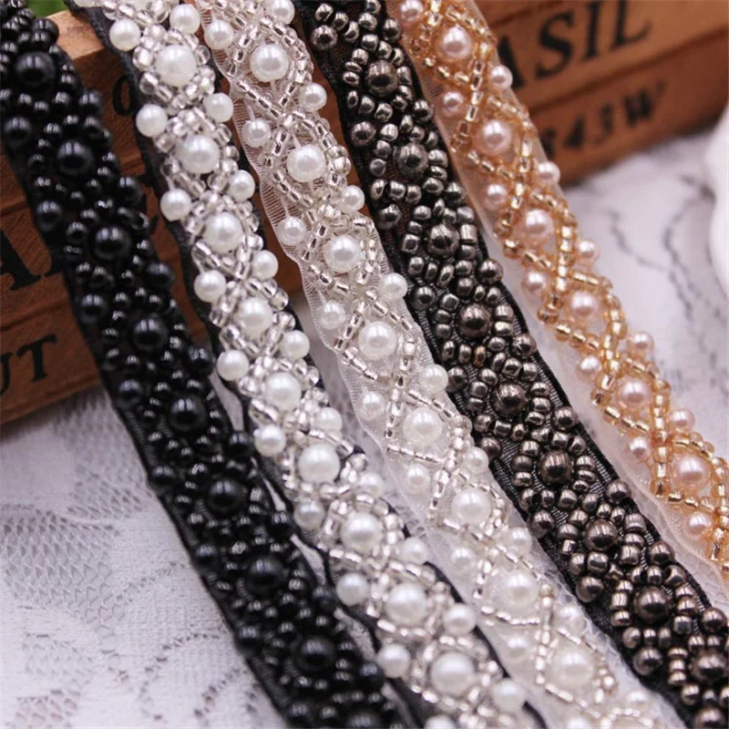 Pearl Beaded Trim Bridal Lace Ribbon Crystal Rhinestone Applique Trim straps for Craft Sewing Wedding Dress DIY Fabric 1 Yards
