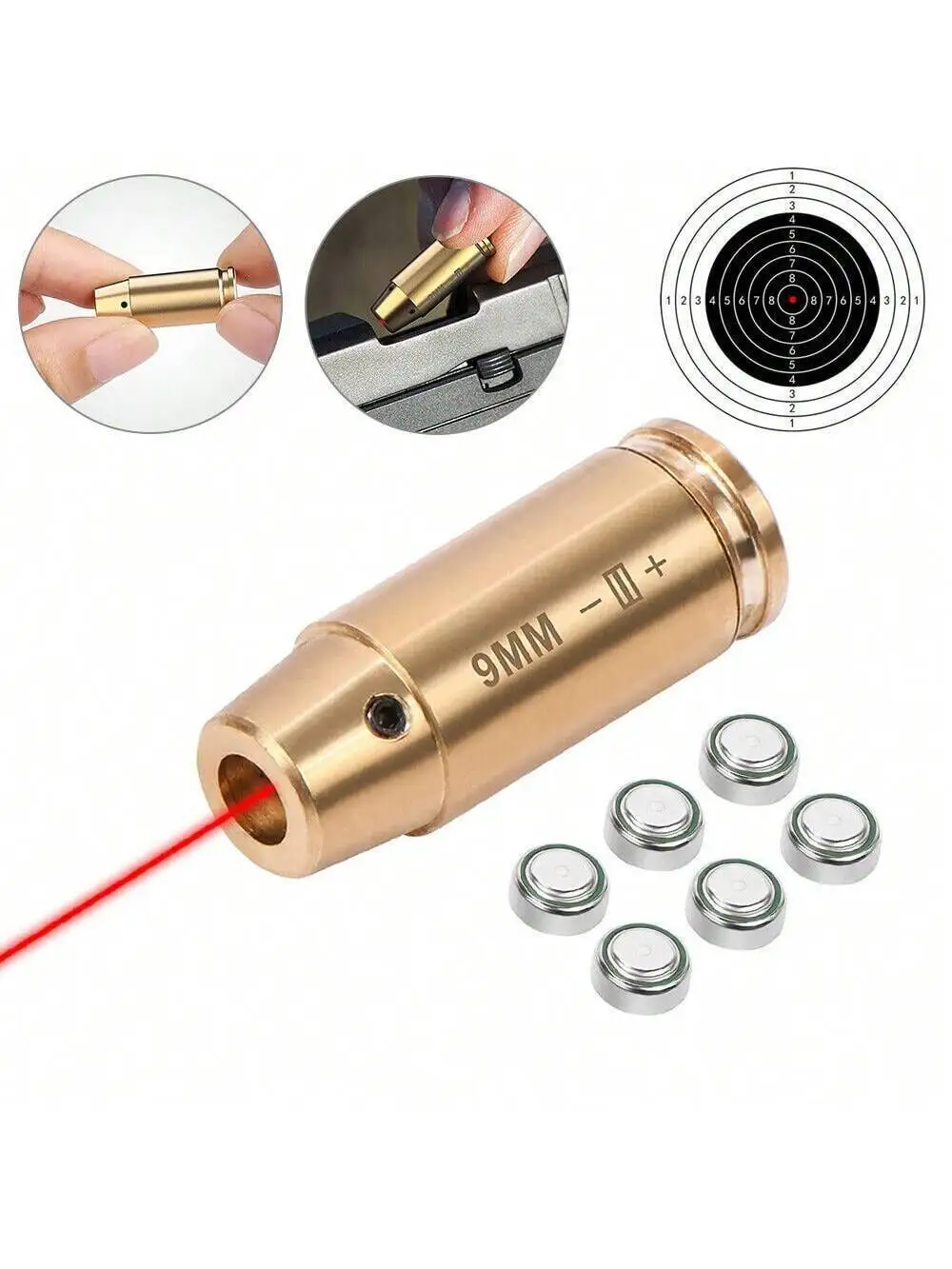 High Accuracy CAL 9mm Red Laser Bore Sight Cartridge Bullet Shap Boresighter 6 Batteries