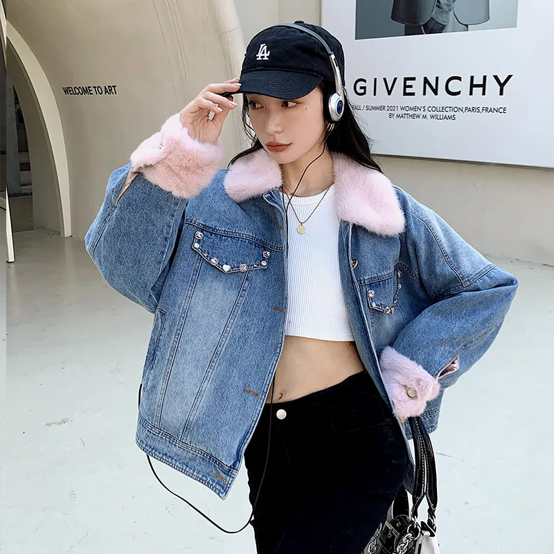 

New 2023 vintage luxury natural fox fur collar real fur lined denim Jacket Parkas Real Fur collar Coat N DQ03