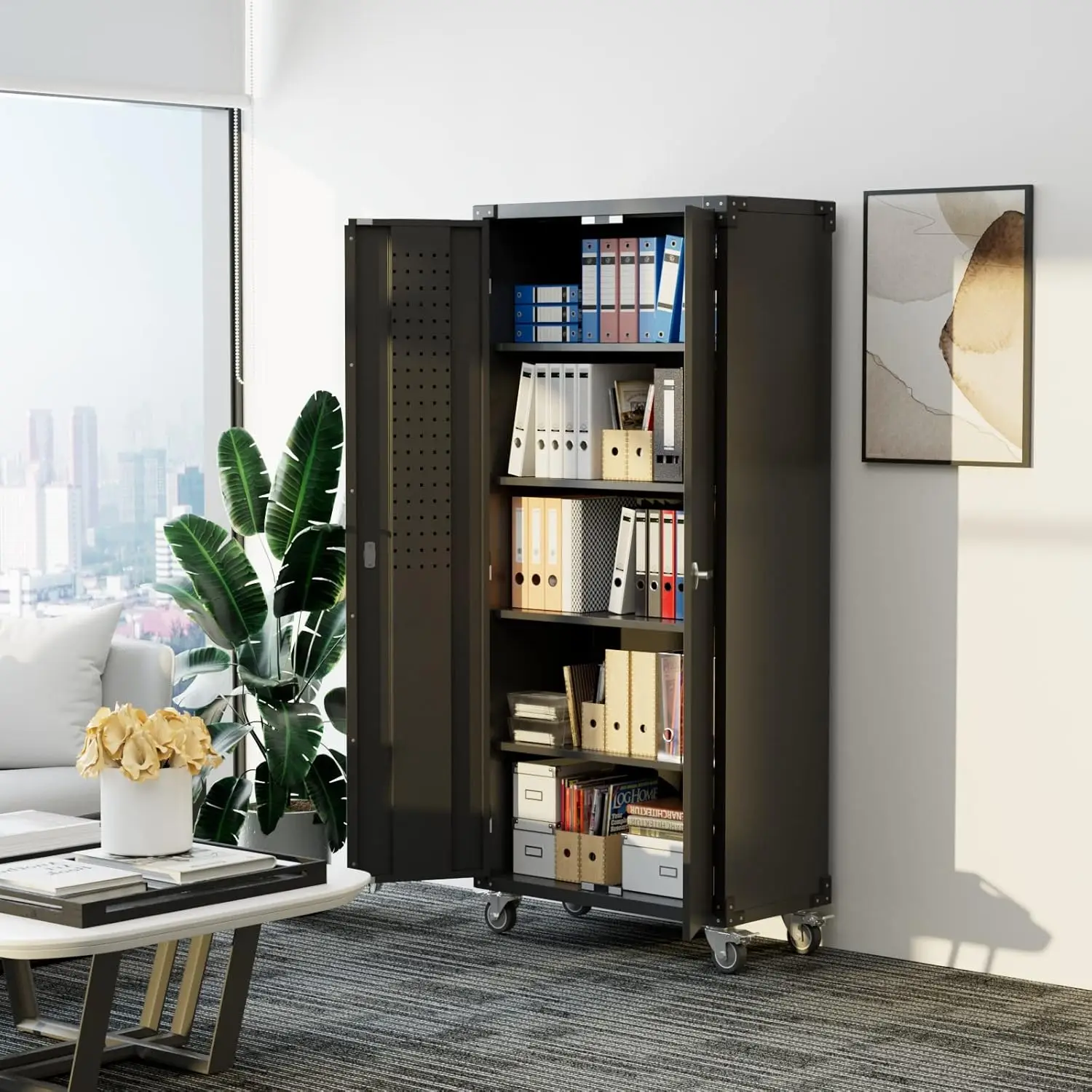 Tool cabinet Metal Garage Tools Storage Cabinet with Wheels 72" Tall Lockable Garage Cabinet with Pegboard & 4 Hooks Adjustable 6