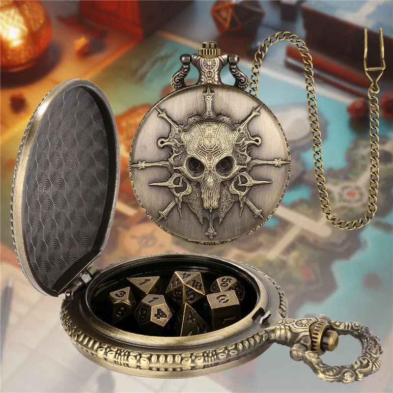 Antique 7pcs/set Metal Gaming Dice with Skull Pattern Pocket Watch Case FOB Chain Dragon Games Accessory Dices