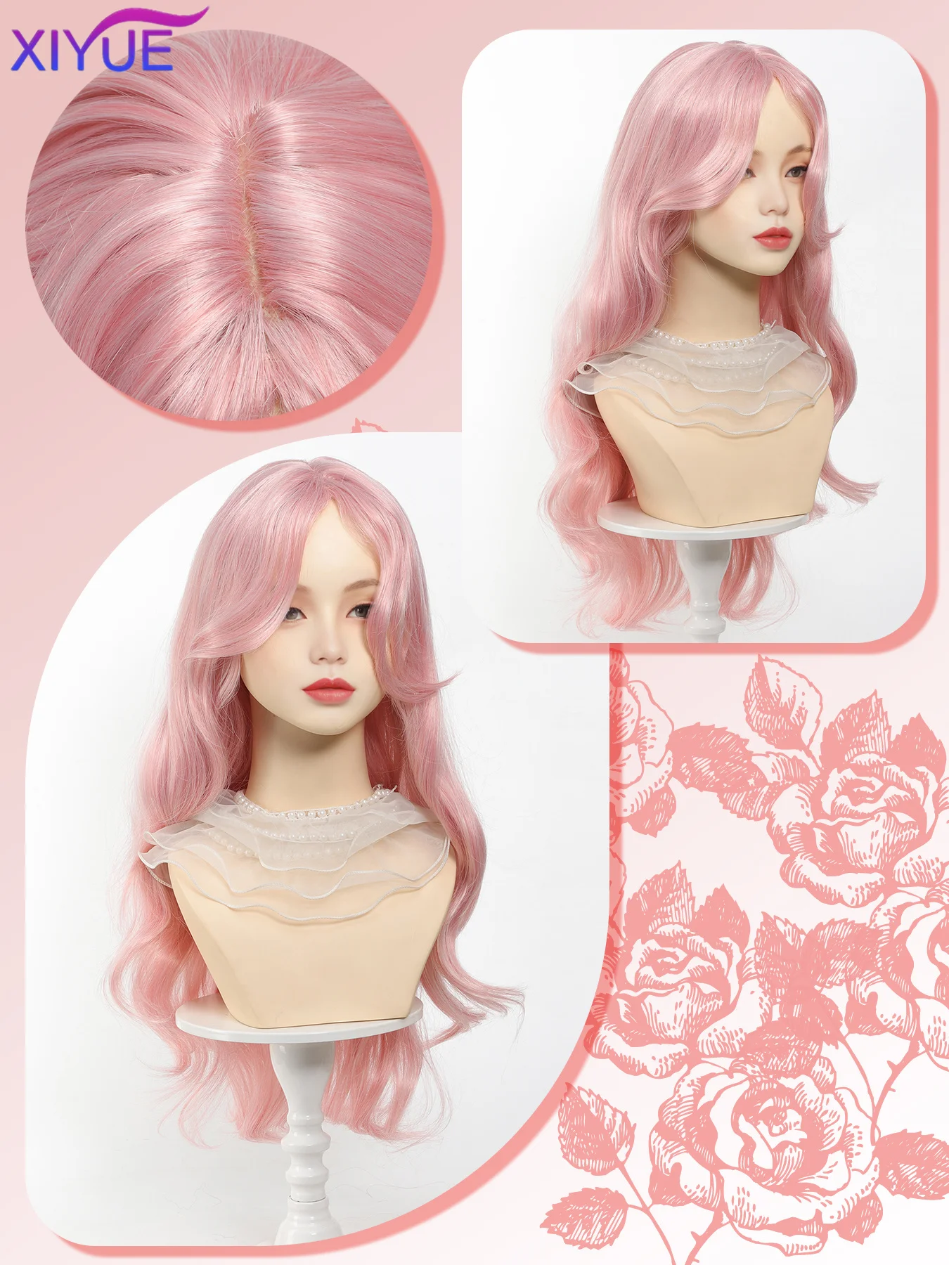 XIYUE Light Pink Synthetic Hair Wigs Long Wavy Natural Hair Wigs with Bangs for Women Cosplay Lolita Wig Heat Resistant