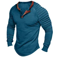 Men's Pleated Wrinkled T-shirts Slim Fit Button O-neck Long Sleeve Tshirt Muscle Solid Casual Tops Henley-shirt Retro Basic Tee - Image 4