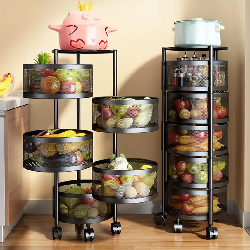 Stainless Steel 5 Layers Kitchen Bathroom Rotating Shelf Baskets Fruit Vegetable Storage Racks Floor Round Organizer with Wheels 3