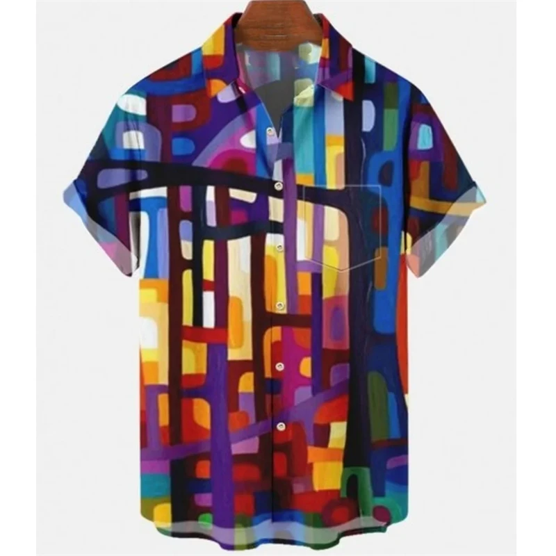 Camisa hawaiana con cuadros coloridos y diseño de arcoíris para hombre, de gran tamaño, informal, de manga corta, con botones simples, para playa, verano
