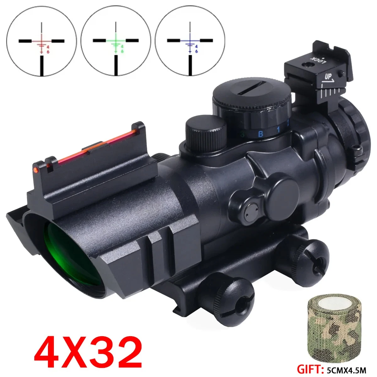 Tactics 4X32 Red Dot Sight Tri-Illuminated Reflex Sights Red Fiber Optic Rifle Scopes Crosshair Airsoft Hunting Scopes