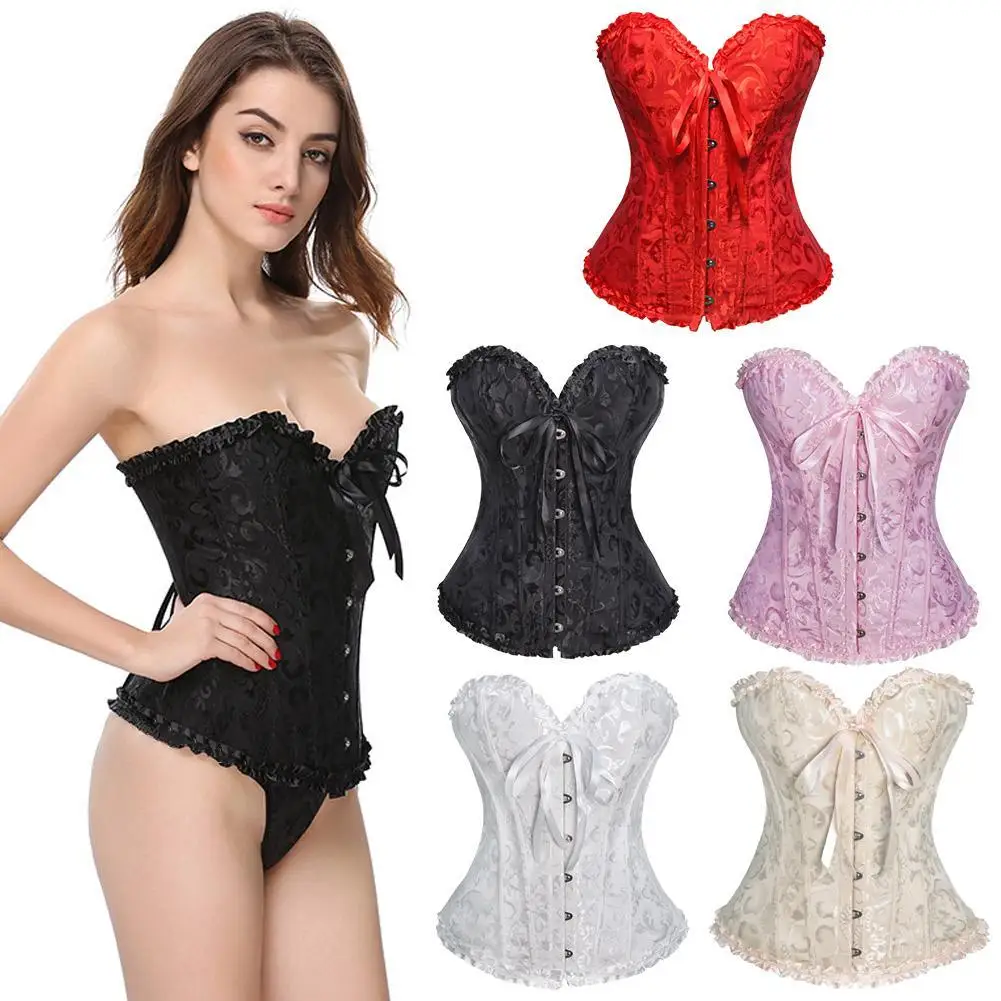 Women Vintage Victorian Corset Bustier Top Lace-up Boned Jacquard Shapewear Weding Lingerie Strapless Sweetheart Corselet