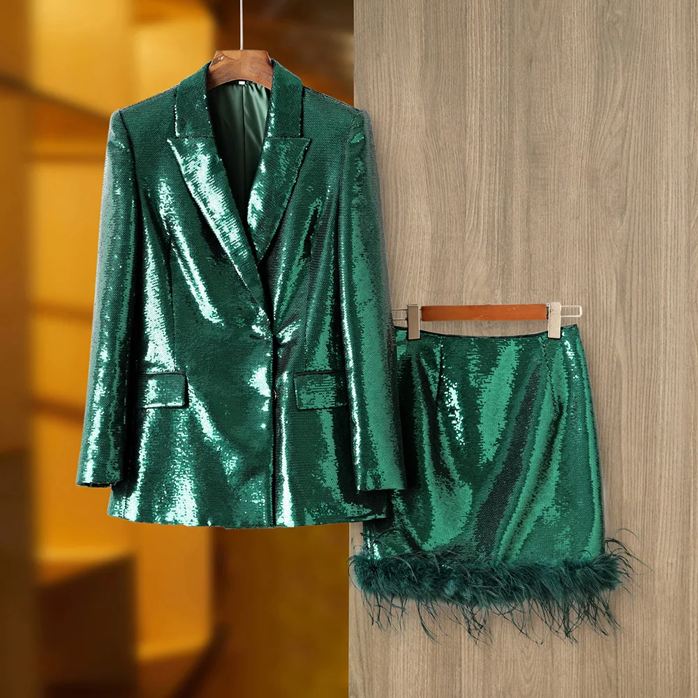 Dark Green Sequins Blazer Skirt Suits For Women New Designer Fashion Shiny Party Suit Female Ostrich Hair Feather Two Piece Sets