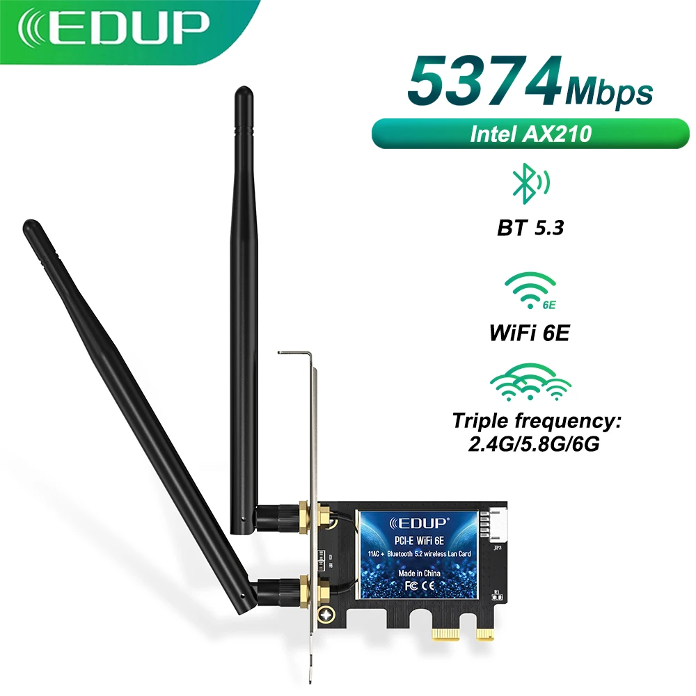 

EDUP 5374Mbps WiFi 6E Intel AX210 PCIe Wireless WiFi Adapter PCI Express 2.4G/5G/6GHz 802.11AX Bluetooth5.3 For Desktop Win10/11