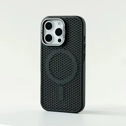 Honeycomb Mesh Cooling MagSafe Case with Alloy Lens Bracket and Wireless Charging Cover for iPhone 14 Pro (Black)